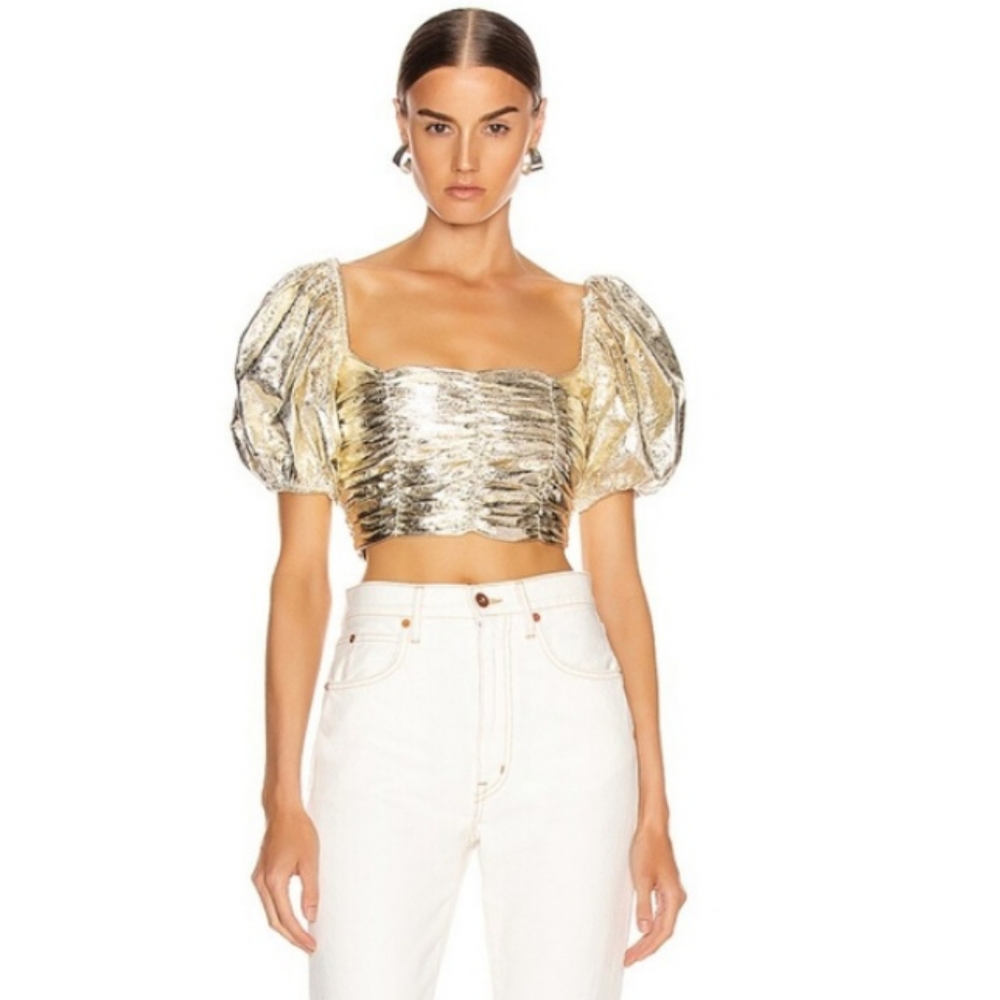 🧵Georgia Alice Vegas Metallic Gold Crinkle Puff Sleeve Crop Top Size M